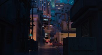 Movie still from “Abominable” (2019), directed by Todd Wilderman – An image of a city street at night time; Extreme Wide shot, High angle