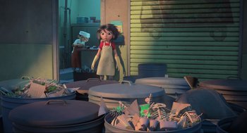 Movie still from “Abominable” (2019), directed by Todd Wilderman – A girl is standing next to a pile of paper in a room; Wide shot, High angle