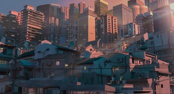 Movie still from “Abominable” (2019), directed by Todd Wilderman – An artistic rendering of a city skyline at sunset; Extreme Wide shot, Low angle