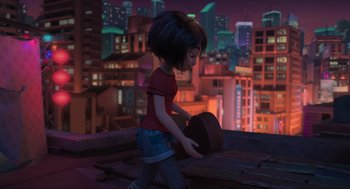 Movie still from “Abominable” (2019), directed by Todd Wilderman – A girl is walking on the roof of a building; Wide shot, Over the shoulder angle