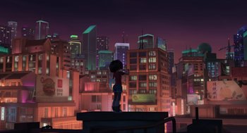 Movie still from “Abominable” (2019), directed by Todd Wilderman – An animated person standing on top of a building; Extreme Wide shot, High angle