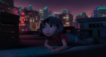 Movie still from “Abominable” (2019), directed by Todd Wilderman – A girl laying on the ground in front of a city at night; Wide shot, Overhead angle