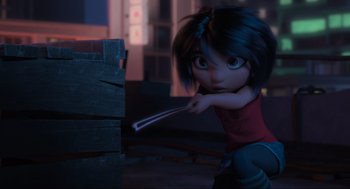 Movie still from “Abominable” (2019), directed by Todd Wilderman – A girl is holding a knife in her hand; Medium shot, Over the shoulder angle