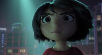 Movie still from “Abominable” (2019), directed by Todd Wilderman – A girl's face in a dark room; Close Up shot, Low angle