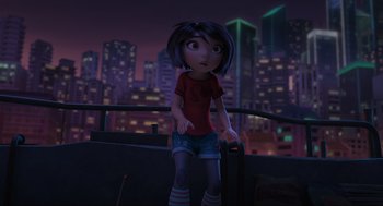 Movie still from “Abominable” (2019), directed by Todd Wilderman – A cartoon girl standing in front of a city skyline at night; Wide shot, High angle