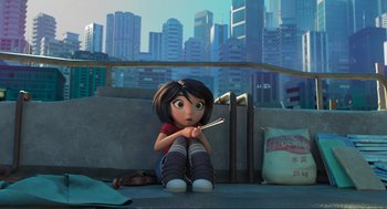 Movie still from “Abominable” (2019), directed by Todd Wilderman – A girl sitting on the ground holding a chopstick; Wide shot, High angle