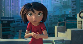 Movie still from “Abominable” (2019), directed by Todd Wilderman – A girl is holding a cell phone in her hands; Medium shot, Over the shoulder angle