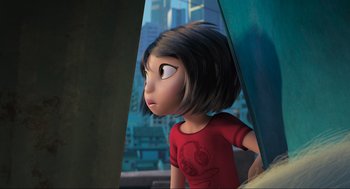 Movie still from “Abominable” (2019), directed by Todd Wilderman – A girl is looking out of a window in a cartoon; Medium shot, Over the shoulder angle