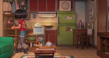 Movie still from “Abominable” (2019), directed by Todd Wilderman – A kitchen with a stove , refrigerator and a table with cups on it; Wide shot, High angle