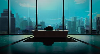 Movie still from “Abominable” (2019), directed by Todd Wilderman – A large window with a view of a city; Extreme Wide shot, High angle