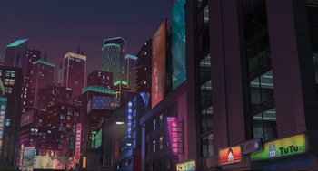 Movie still from “Abominable” (2019), directed by Todd Wilderman – An animated city at night lit up with neon lights; Extreme Wide shot, Low angle