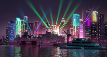 Movie still from “Abominable” (2019), directed by Todd Wilderman – A city lit up at night with a boat floating in the water; Extreme Wide shot, Low angle