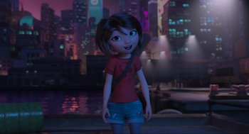 Movie still from “Abominable” (2019), directed by Todd Wilderman – A cartoon girl standing in front of a city skyline at night; Medium shot, Over the shoulder angle
