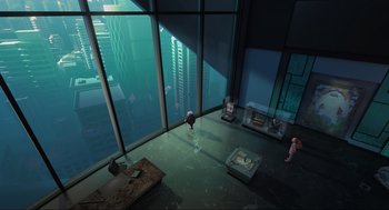 Movie still from “Abominable” (2019), directed by Todd Wilderman – A room filled with lots of windows and furniture in it; Extreme Wide shot, High angle