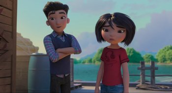 Movie still from “Abominable” (2019), directed by Todd Wilderman – A boy and a girl standing next to each other in front of a body of water; Medium shot, Over the shoulder angle