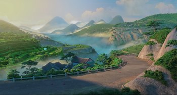 Movie still from “Abominable” (2019), directed by Todd Wilderman – An artistic rendering of a road going through the mountains; Extreme Wide shot, High angle