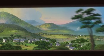 Movie still from “Abominable” (2019), directed by Todd Wilderman – A painting of a village in the middle of a valley; Extreme Wide shot, Low angle