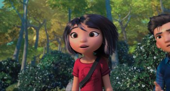 Movie still from “Abominable” (2019), directed by Todd Wilderman – A girl with a black shoulder bag is standing in the woods; Close Up shot, Over the shoulder angle