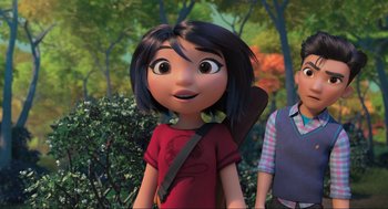 Movie still from “Abominable” (2019), directed by Todd Wilderman – A girl with a backpack is standing next to a tree; Medium shot, Over the shoulder angle