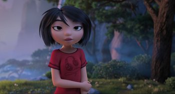 Movie still from “Abominable” (2019), directed by Todd Wilderman – A cartoon girl with black hair wearing a red t - shirt; Close Up shot, Over the shoulder angle