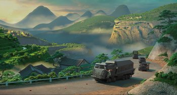 Movie still from “Abominable” (2019), directed by Todd Wilderman – An image of a truck driving down the road; Extreme Wide shot, High angle