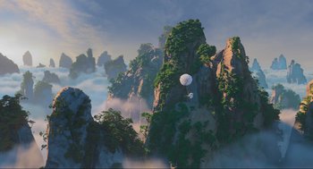 Movie still from “Abominable” (2019), directed by Todd Wilderman – An image of a mountain with a balloon in the sky; Extreme Wide shot, Low angle