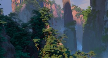 Movie still from “Abominable” (2019), directed by Todd Wilderman – A painting of trees and mountains in the background; Extreme Wide shot, High angle