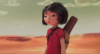 Movie still from “Abominable” (2019), directed by Todd Wilderman – A girl is holding a backpack in a desert; Close Up shot, Over the shoulder angle