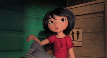 Movie still from “Abominable” (2019), directed by Todd Wilderman – A cartoon girl is standing next to a wall; Close Up shot, Low angle