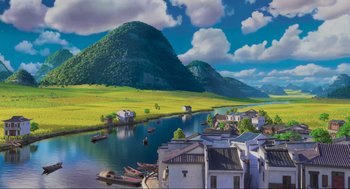 Movie still from “Abominable” (2019), directed by Todd Wilderman – A painting of a river with houses on the side of it; Extreme Wide shot, High angle