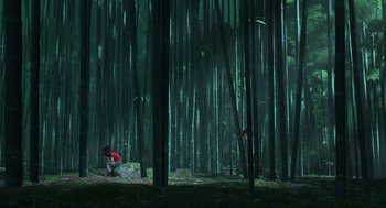 Movie still from “Abominable” (2019), directed by Todd Wilderman – A person standing in the middle of a lush green forest; Extreme Wide shot, Low angle