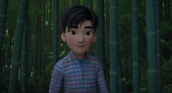 Movie still from “Abominable” (2019), directed by Todd Wilderman – A cartoon of a boy in front of a bamboo forest; Close Up shot, Over the shoulder angle