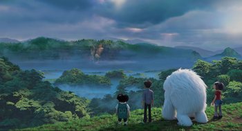 Movie still from “Abominable” (2019), directed by Todd Wilderman – Two children looking at a giant white animal; Extreme Wide shot, Low angle