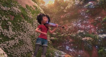 Movie still from “Abominable” (2019), directed by Todd Wilderman – A girl is playing the violin in a forest; Wide shot, Low angle