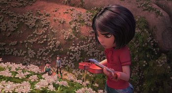 Movie still from “Abominable” (2019), directed by Todd Wilderman – An animated scene of a girl holding a red guitar; Wide shot, High angle