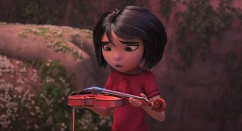 Movie still from “Abominable” (2019), directed by Todd Wilderman – A girl is holding a violin in her hands; Close Up shot, Over the shoulder angle