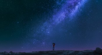 Movie still from “Abominable” (2019), directed by Todd Wilderman – A person standing on a hill under a sky filled with lots of stars; Extreme Wide shot, Low angle