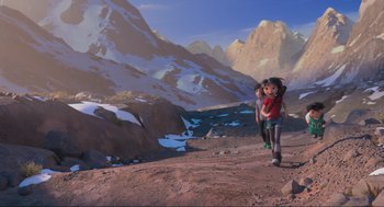 Movie still from “Abominable” (2019), directed by Todd Wilderman – An animated character walking on a path in the mountains; Extreme Wide shot, Low angle
