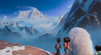 Movie still from “Abominable” (2019), directed by Todd Wilderman – Two people standing on top of a mountain looking at the sky; Wide shot, Low angle