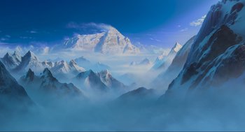 Movie still from “Abominable” (2019), directed by Todd Wilderman – A painting of a mountain range with clouds in the sky; Extreme Wide shot, Low angle