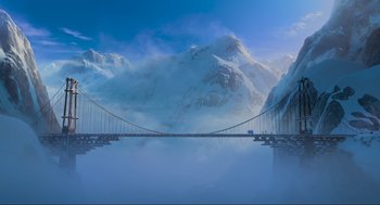 Movie still from “Abominable” (2019), directed by Todd Wilderman – A bridge that is going over a body of water; Extreme Wide shot, Low angle