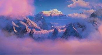 Movie still from “Abominable” (2019), directed by Todd Wilderman – A painting of a mountain range with clouds in the sky; Extreme Wide shot, Low angle