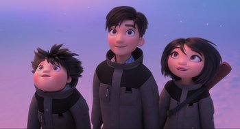 Movie still from “Abominable” (2019), directed by Todd Wilderman – A group of people standing next to each other in front of a purple background; Medium shot, Low angle