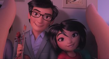 Movie still from “Abominable” (2019), directed by Todd Wilderman – A man and a woman posing for a picture together; Close Up shot, Over the shoulder angle