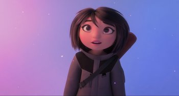 Movie still from “Abominable” (2019), directed by Todd Wilderman – An animated character is looking up at the sky; Close Up shot, Over the shoulder angle