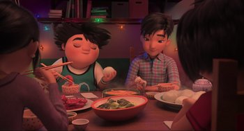 Movie still from “Abominable” (2019), directed by Todd Wilderman – A couple of people sitting at a table eating food; Medium shot, Over the shoulder angle