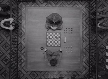 Movie still from “The French Dispatch” (2021), directed by Wes Anderson – Extreme Wide shot, Overhead angle