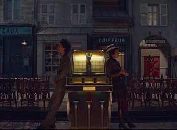 Movie still from “The French Dispatch” (2021), directed by Wes Anderson – Wide shot, High angle