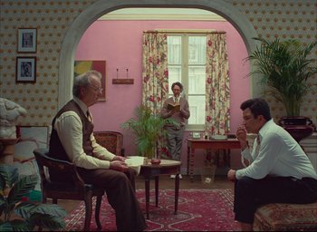 Movie still from “The French Dispatch” (2021), directed by Wes Anderson – Wide shot, Over the shoulder angle