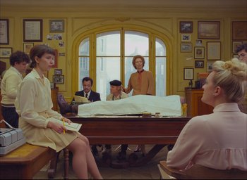 Movie still from “The French Dispatch” (2021), directed by Wes Anderson – Wide shot, High angle
